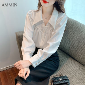 AMMIN Áo Sơ Mi Trắng Công Sở Thường Ngày Có Ve Áo Cá Tính Thời Trang Tay Dài Phong Cách Hàn Quốc Cho Nữ Áo Voan Dài Tay Thiết Kế Sang Trọng Đa Năng Dáng Rộng Mới Mùa Thu