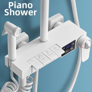 White Piano Keys Digital Temperature Shower Set With Pressure Boost Copper Mixing Valve