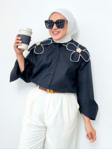 Kemeja Wanita Korean Style Bahan Katun Monic Terbaru Collar Bunga Hitam Putih Sage Biru Latte Oversize Jumbo Bigsize