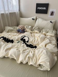 INS Pure Color Yellow with Black Cute Panda Towel Embroidery Washed Cotton Bed Four-Piece Set Bed Sheet Student Three-Piece Set