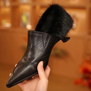 Elegant Water Rabbit Fur Fashion Single Shoes for Women High 4cm Heel Work Shoes Minimalist Pointed Toe Versatile Autumn Winter New Arrival