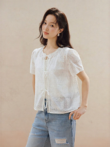 INMAN | Embroidered Cotton Blouse Short Sleeve Shirt