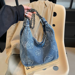 Casual Commuter Large Capacity Denim Bag Womens 2024 New Versatile Chain Shoulder Bag Tote Bucket Bag Daily Match Soft Polyester Lining