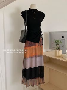 Váy Lưới Nửa Thân Mùa Hè Mát Mẻ Màu Sắc Thắt Nơ Cổ Điển Cạp Cao Dài Cho Nữ Bộ Hai Mảnh Áo Không Tay