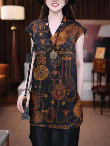 QINGNAER | Ethnic Vintage Style Oversized Women Shirt Short Sleeve V-Neck Collar Vest Printed