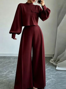 Spring Autumn Fashion 2 Piece Sets Womens Outfits Elegant Round Neck Long Sleeve Crop Tops Wide Leg Pants Sets Womens Clothing