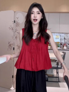Red V-Neck Sash Pleated Sleeveless Vest Womens Summer 2025 New Korean Design Elegant Top Commute Style Loose Fit Pure Color