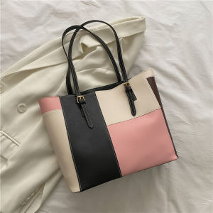 Trendy Korean Style Large Capacity Simple Womens Shoulder Bag Color Block Tote Handbag Casual Soft PU Leather Zipper Closure