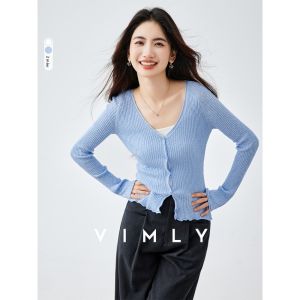 Vimly | Áo Cardigan Len Dệt Kim Form Ôm Tay Dài Cổ V Thiết Kế Tai Gỗ cho Nữ