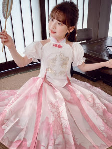 Elegant Princess Style Horse Tailed Skirt Set for Little Girls New Chinese Style Childrens Hanfu Summer Clothes Fairy Tale Kids Outfits