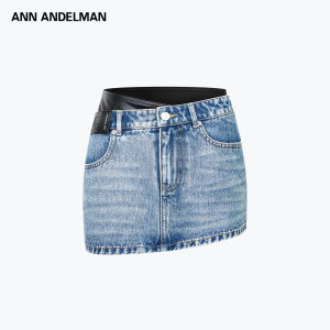 ANN ANDELMAN | Denim and Leather Patchwork A-Line Skirt Light Blue Faded High Waist