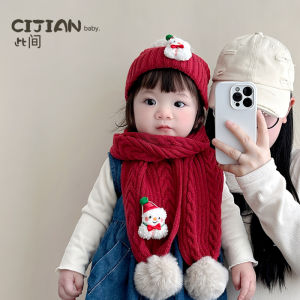 เสื้อผ้าเด็กฤดูหนาว หมวกและผ้าพันคอสีแดง เสื้อผ้าเด็กชายและเด็กหญิง หมวกคลุมหัวแบบสวมหัว ชุดสองชิ้น อบอุ่นสำหรับเด็ก เสื้อผ้าเด็ก