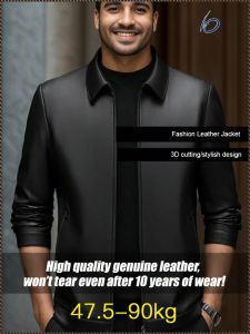 Mens Lapel Leather Jacket Luxury High-end Informal Leather Jacket For Middle-aged And Elderly