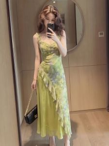 YIKEMAI | Design Stylish French Vacation Green Floral Long Dress