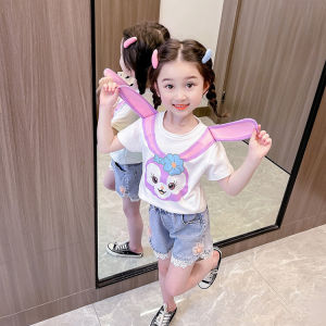 Kids Cotton T-Shirt Girls Rabbit Ear Short Sleeve Cartoon Pure Cotton Breathable Summer Top Childrens Clothing Street Style