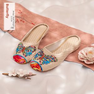 Embroidered Cotton Linen Slippers with Wedge Heel National Style for Women Matching Cheongsam Shoes Colorful Phoenix Design