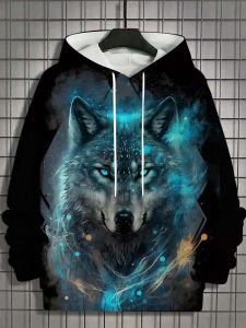 European and American mens autumn fashion wolf print soft and comfortable hooded sweatshirt outdoor urban high street clothing