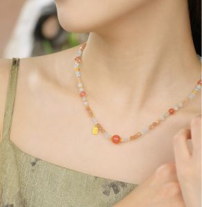 ZHOU LIU FU 周六福 S925 Sterling Silver Necklace with Peridot Turquoise Agate Crystal Aquamarine Beads Fashionable Jewelry Gift for Women 40+5cm J0514742 J0614806