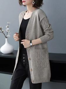 Womens Loose Long Knitted Cardigan Sweater Open Front Style Autumn Winter Outerwear Fashionable V-Neck Button Detail