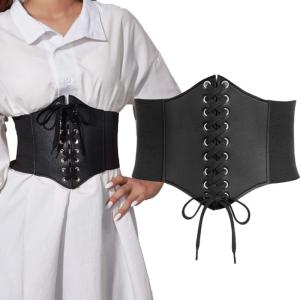 Womens Corset Belt Gothic Fashion PU Leather Female Lace-up Corset Belts Slimming Waist Vintage Black Wide Belt for Girl