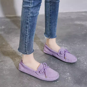 Genuine Leather Bead Shoes Flat Casual Round Toe Soft Soled Slip-Ons