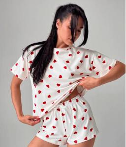 Bộ Áo Thun Cổ Tròn in Hình Và Quần Ngắn Love Print Bộ Đồ Hai Mảnh Thoải Mái Thoáng Khí Cho Nữ Mùa Hè 2025