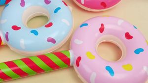 Civaner 6 Pcs Candyland Birthday Party Decoration Donut 33 Inch Lollipop Stick Inflatable Large Candy Float Donut Shape Balloon Christmas Tree Candy Themed Birthday Decoration for Kids(Classic Color)