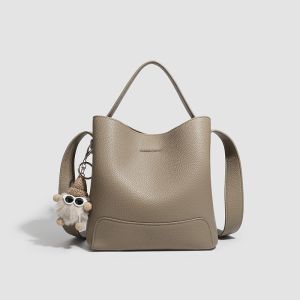 2026 New CEEKAY Khaki Leather Bucket Bag Minimalist Shoulder Bag with Cute Plush Pendant Casual Handbag for Women Bags for Women