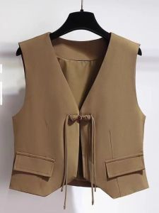 เสื้อกั๊กสีพื้นคอวีแขนกุดสไตล์จีนใหม่สำหรับผู้หญิง ฤดูใบไม้ร่วง ปี 2024 เสื้อกั๊กผู้หญิงสไตล์จีนโบราณแบบใหม่