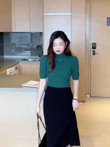 Summer Half High Necked Knitted Top Women Bubble Sleeve T-shirt Casual Top