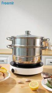 Freemir Panci Kukus/Rebus 2 Susun 26 cm Dandang Kukusan Tutup Kaca Stainless Steel