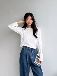 เสื้อยืดแขนยาวผ้าโมดอลสำหรับผู้หญิง นุ่มสบาย สัมผัสได้ เอฟเฟกต์ตกปล่อย ทรงเข้ารูป สีพื้น เสื้อชั้นในสไตล์เกาหลี