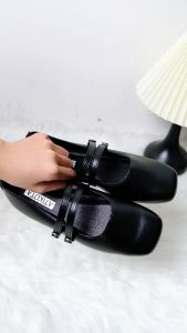 ATIKOTA Flat Shoes Retro Style Square Head Shallow Mouth Double Breasted Buckle Fashion Elegant Shoes Wanita