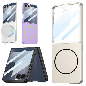 [เข้ากันได้กับ MagSafe] สำหรับ Samsung Galaxy Z Flip 7เคสพร้อมอุปกรณ์ป้องกันหน้าจอในตัวแหวนสีตัดกันแบบบางเนื้อด้านเคสครอบโทรศัพท์พลาสติกแข็งกันกระแทกสำหรับ Z เคสฝาพับ7
