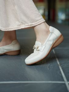 Jo&Parsonssimplelife Womens Leather Slip-On Shoes 3.5 Inch High Fashion Casual round Toe Wedge Heel Deep Mouth Footwear