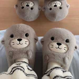 Women House Fur Slippers Casual Cute 3D-shaped Lovely Sea lion pup Design Grey Winter Indoor Non-slip Warm Soft Soles Comfy Home