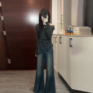 CHANGTONG | Retro Striped Off-shoulder Slim Fit T-shirt Long Sleeve