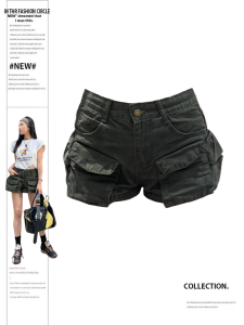 กางเกงขาสั้นชุดทำงานแบบซักด้วยน้ำออกแบบมีหลายช่องไซส์ใหญ่แบบใหม่ปี2024ฮอตแพนต์ผ้ายีนส์ลำลองสีเขียวทหารสไตล์อเมริกันแฟชั่นสำหรับผู้หญิง