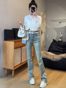 Autumn Fashion Womens Design Sensation National Style New Chinese Embroidery Stand Collar Shirt High Waist Jeans Set