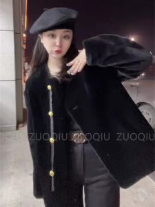 Haier Ning 2024 New Womens Short Fur Collar Sheepskin Leather Jacket Loose Fashion Slimming Street Style Long Sleeve Coat