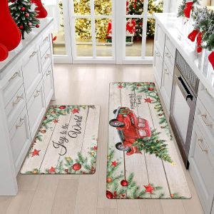 VIKAMA 2pcs Christmas Tree Kitchen Floor Mat Anti-Drip Anti-Fatigue Buffer Wear-Resistant Kitchen Carpet Winter Holiday Decor