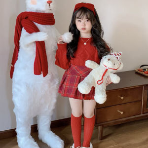 ชุดเสื้อสเวตเตอร์สีแดงสองชิ้นสำหรับเด็กผู้หญิง เสื้อคลุมกันหนาวสไตล์เกาหลี ชุดเด็กผู้หญิงสำหรับปีใหม่