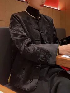 YUFUQING | Elegant Black Button Up Lightweight Cotton Jacket Womens Winter New Style Chinese National Trend Embroidered Small Cotton Padded Coat