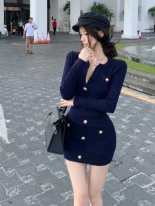 Chic Knitted V-Neck Long Sleeve Dress Womens Autumn Winter Slim Fit Bodycon Short Skirt High Waist Polyester Fiber Medium Stretch