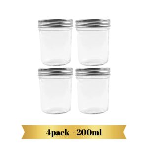 Mason jar 4pack 200ml silver lid good quality (fruit can honey jam yogurt bowl and salad) Organiser Canister Bottles