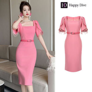 Happy Diva เดรสผู้หญิง เดรสสีชมพู สีเขียว เดรสแขนพอง เดรสคอเหลี่ยม เดรสทำงาน เดรสไฮโซ เดรสวินเทจ เดรสออกงาน เดรสปาร์ตี้ ชุดราตรี 21134