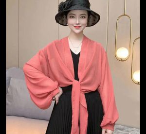 (E4) เสื้อกันแดดแขนยาว สีพื้น ผูกเอว ผ้าชีฟอง บางเบา ใส่สบาย Oversize สินค้าพร้อมส่งในไทย