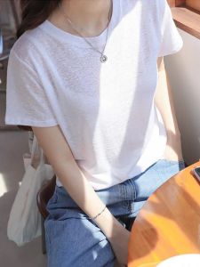Lace Short Sleeve T-Shirt Womens Summer Thin Loose Basic round Neck Versatile Base Shirt White Mask Ice Silk Top