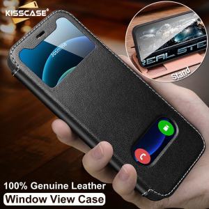 KISSCASE Genuine Leather Smart Window View Shell For iPhone15 Pro Max Case Flip Cover Case Back Cover For Apple15 Pro Max 14 Plus 13 12