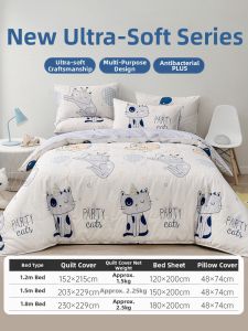Antibacterial Children-friendly Cotton Cat Pattern Bed Linen Four Piece Set